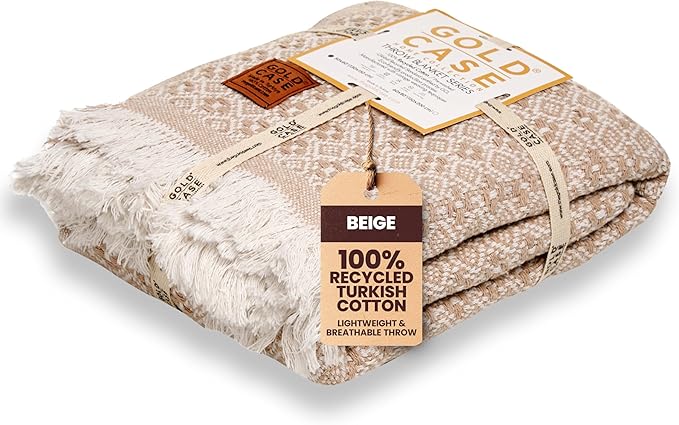 Gold Case Throw Blanket for Couch – 100% Recycled Turkish Cotton Blankets & Throws – Elegant Decorative Throw Blankets for Living Room Sofa – Woven Throws for Couch – Retro Beige – 50x60-Ruum Studio Home