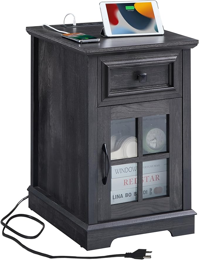 Farmhouse XXL End Table with Charging Station, Side Table with USB Ports and Outlets, Nightstand with Drawer and Glass Door Storage, Grey Bedside Tables for Living Room, Bedroom, Office-Ruum Studio Home