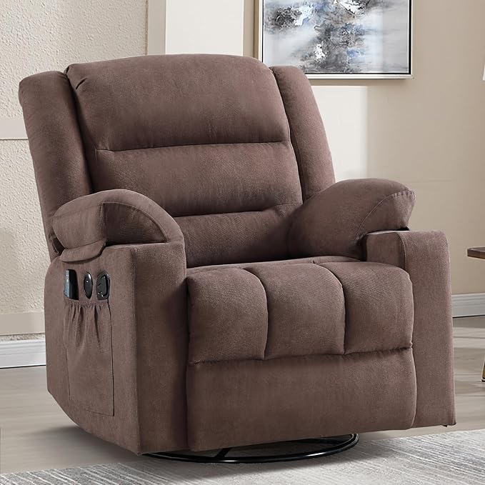 Rocker Recliner Chair with Heat and Massage, 360° Swivel Recliner Chairs for Adults, Heavy Duty Reclining Sofa Chair with USB Port Cup Holders Side Pockets for Living Room (Brown)-Ruum Studio Home