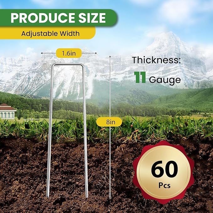Landscape Staples Galvanized 8 Inch 60 Pcs, Metal Garden Stakes 1.6 Inch, Garden Staples for Lawn 11 Gauge-Ruum Studio Home