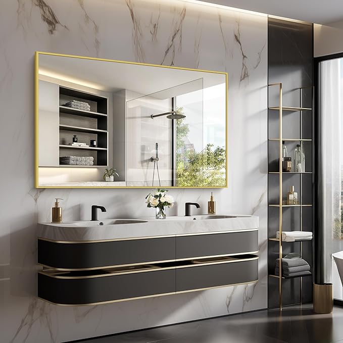 Gold Bathroom Mirror for Wall, 60x36 Inch Rectangle Mirrors with Metal Frame, Modern Vanity Wall Mirror Decor for Bathroom Living Room, Entryway Hangs Horizontal or Vertical-Ruum Studio Home