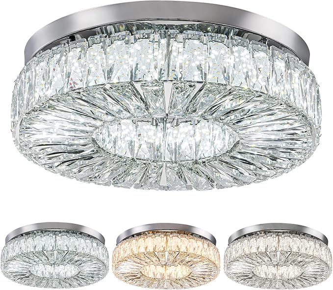 16.5 Inch Dimmable Chandelier with Remote Control LED Crystal Chandelier Modern Flush Mount Ceiling Light Fixtures for Living Room Bedroom Dining Room Entrance (dimmable-16.5")-Ruum Studio Home