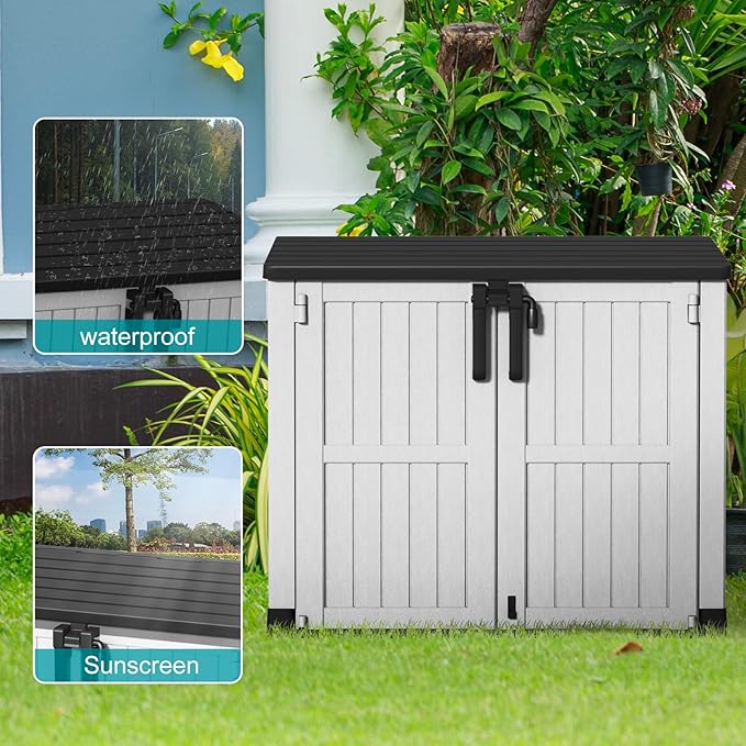 Vixzen 233 Gallon Larger Outdoor Deck Box,Lockable Resin Waterproof Storage Box,UV Resistant,Weather Resistance,Outside Storage Bin for Gardening Tools,Pool Supplies, Black and White-Ruum Studio Home