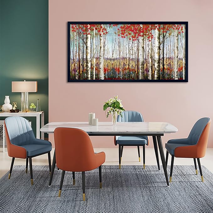 Large Framed Wall Art for Living Room Bedroom Modern Wall Decor of Red Leaves White Birch Tree Forest Giclee Painting Artwork Wall Decoration 29x58 Large Size Black Framed-Ruum Studio Home