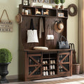 JXQTLINGMU 59" Farmhouse Hall Tree with Shoe Storage, Entryway Bench with 20 Cubbies, 12 Hooks & Sliding Barn Doors, Mudroom Coat Rack Cabinet, Brown-Ruum Studio Home