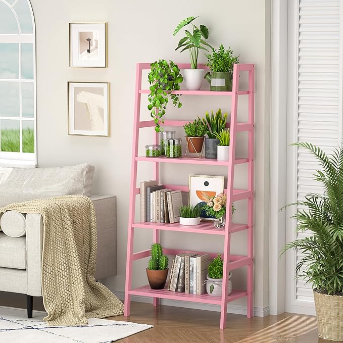 Homykic Bamboo Ladder Bookshelf, 4-Tier Ladder Shelf Open Book Shelf Freestanding Bookcase Bathroom Storage Rack Plant Stand for Living Room, Bedroom, Office, Easy Assembly, Pink-Ruum Studio Home