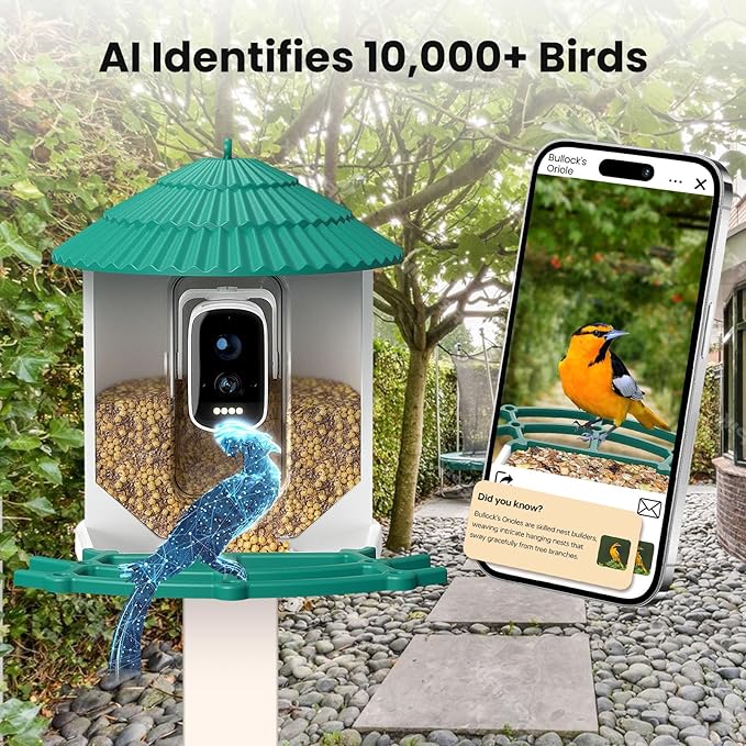 Bird Feeders for Outdoors, Smart Bird Feeder with Camera Solar Powered, AI Species Identification, 3K Video Live Stream Camera, 5Mp HD Night Vision, Instant Arrival Alerts (Light Green)-Ruum Studio Home