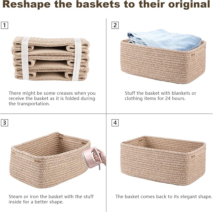3 Pack Small Storage Baskets for Organizing, Cute Woven Decorative Gift Baskets for Shelves, Mini Closet Organizer Bins with Handles-13''Lx8.66''Wx5.11''H-Brown-Ruum Studio Home