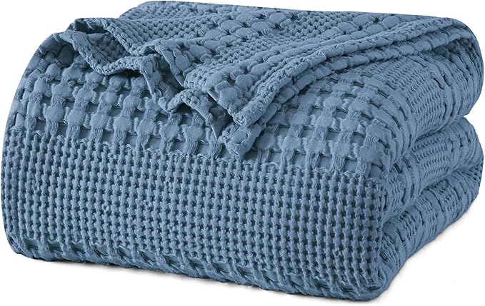 PHF 100% Cotton Waffle Weave Blanket Queen Size, Soft Lightweight Breathable Cozy Summer Blankets for Bed, Luxury Aesthetic Woven Bedding for Home Decor, 90"x90", Captain's Blue-Ruum Studio Home