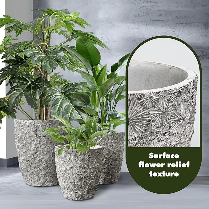 Craft flowerpots 16"+12"+10" Dia Round Concrete Planter Set of 3 Large Outdoor/Indoor Planter Pots Containers with Drainage Holes and Rubber Plug for Home Garden (Grey, Large)-Ruum Studio Home