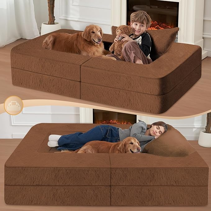 Folding Bean Bag Chair for Adults,3-in-1 Bean Bag Couch Faux Fur Floor Sofa Large Beanbag Convertible Bean Bag Sofa Bed with Pillow in Bedroom,Living Room,Apartment(Twin,Caramel)-Ruum Studio Home