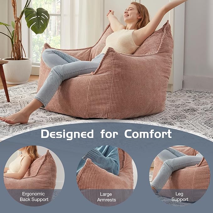Giant Bean Bag Chair Sofa for Adults Teens, Comfy Corduroy Large Bean Bag Chairs with Armrests for Bedroom Living Room, Adult BeanBag Lazy Sofa Couch Chairs with Filler Included-Ruum Studio Home