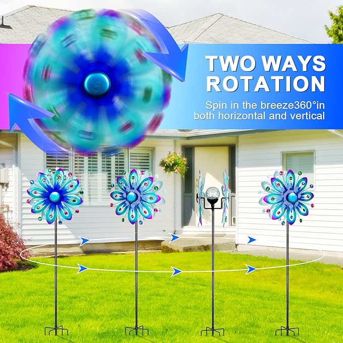 Solar Wind Spinners, 60.63" Outdoor Metal Stake Yard Wind Sculpture,Solar Powered Multi-Color LED Glass Ball with Kinetic Wind Spinners for Yard and Garden Lawn Patio Decor-Ruum Studio Home