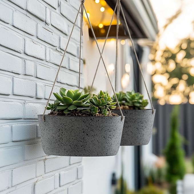 La Jolie Maison Large Hanging Planters - 12 Inch Outdoor Flower Pots, Rock Gray Hanging Garden Planters Set of 2-Ruum Studio Home