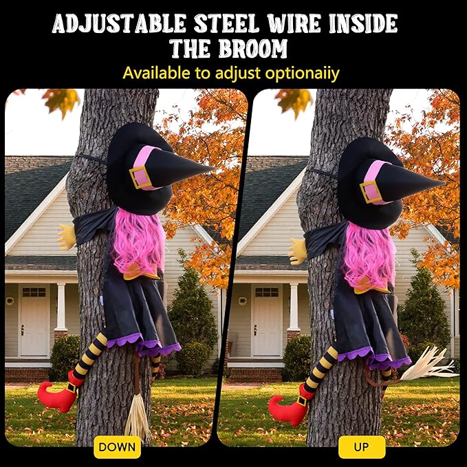 POPGIFTU 51" Halloween Crashing Witch Decoration – Pink Flying Witch for Tree, Yard, Porch, and Indoor Outdoor Halloween Décor-Ruum Studio Home