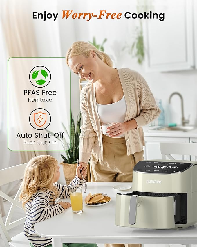 Nuwave Brio Plus Air Fryer 8 Qt, New & Improved, PFAS-FREE, 7 Digital One-Touch Cook Functions that AIR FRY, BAKE, ROAST, DEHYDRATE, TOAST, REHEAT, PREHEAT, 150 Presets, 50°F~400°F (Cream)-Ruum Studio Home