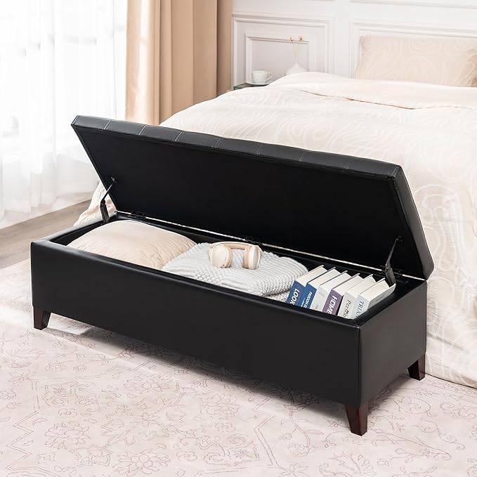 Joveco Storage Ottoman Bench, 51 Inch Leather Tufted Upholstered Bench for End Foot of Bed, Bedroom, Living Room, Black-Ruum Studio Home