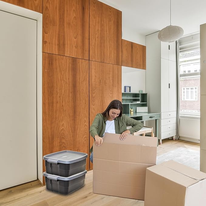 Rubbermaid Roughneck Tote 3 Gal, 6 Pack, Made in USA, Black & Gray, Rugged Plastic Stackable Storage Bins with Lids and Handles-Ruum Studio Home