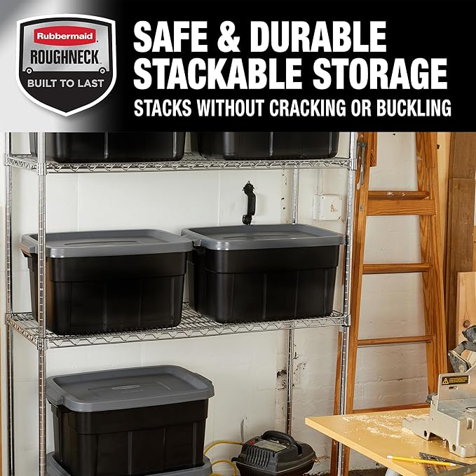 Rubbermaid Roughneck Tote 14 Gal, 6 Pack, Made in USA, Black & Gray, Rugged Plastic Stackable Storage Bins with Lids and Handles-Ruum Studio Home