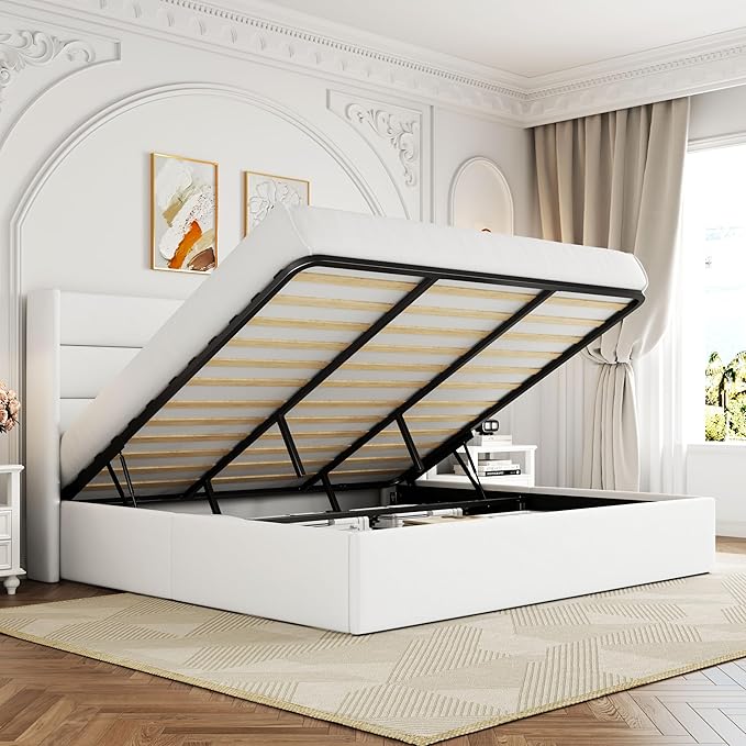 Allewie King Size Velvet Lift Up Storage Bed, Modern Wingback Headboard, Hydraulic Support, No Box Spring Needed, White-Ruum Studio Home
