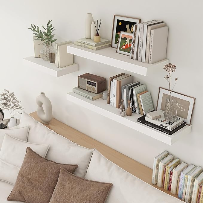 Deep Floating Shelves, 24''W x 12''D Floating Shelves White Set of 2, 12 Inch Deep Large Wood Shelves for Books Living Room Bathroom Laundry Room Bedroom Kitchen Home Office - White-Ruum Studio Home