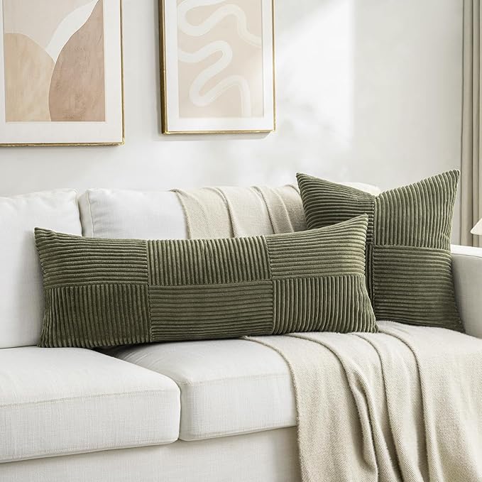 Fancy Homi Set of 2 Olive Green Boho Long Lumbar Body Decorative Throw Pillow Cover 14x36 Inch for Bed Couch Bedroom Bench, Soft Patchwork Corduroy Textured Pillow Case, Rustic Farmhouse Room Décor-Ruum Studio Home