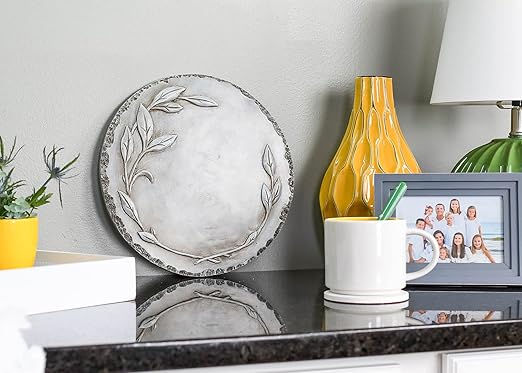 NAT & Jules Floral Laurel Wreath Leaves Pattern Dimensional Indoor Outdoor 12 inch Round Cast Resin Decorative Garden Stepping Stone, Patio, Walkway Sculpture Yard Art, Grey-Ruum Studio Home