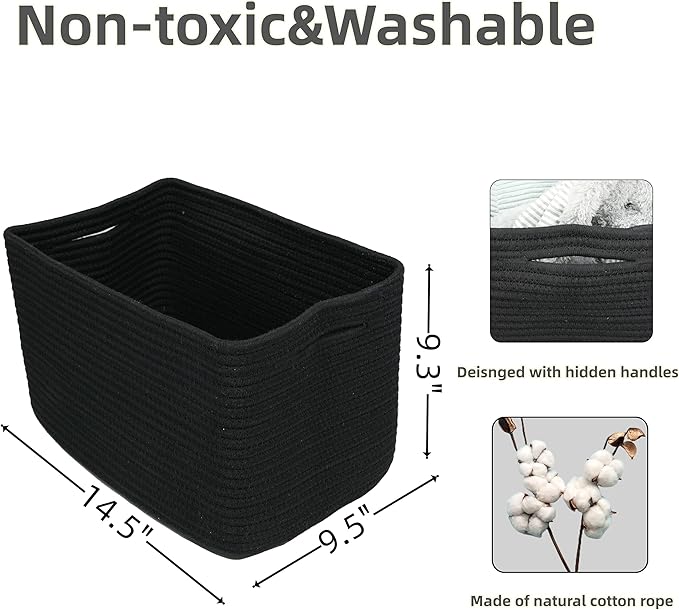 Cotton Rope storage Basket Bins 14.5X9.5X9.3“ Woven Basket for Organizing Shelves Rectangle Decorative Baskets For storage Clothes Toys Books Towels Square Wicker Nursery basket organizer 3 pack black-Ruum Studio Home
