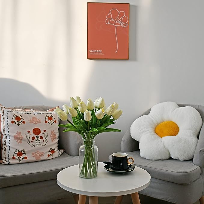 Mandy's Artificial Tulips 28 Stems Cream PU Faux Flowers for Wedding Home Decor 13.5 Inch-Ruum Studio Home