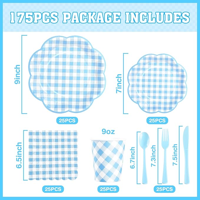 175 Pcs Blue Gingham Plates and Napkins Party Supplies - Blue and White Checkered Plates Sets Serve 25 Guests - Scalloped Gingham Paper Plate for Birthday Dinner Wedding Baby Shower Party Decorations-Ruum Studio Home