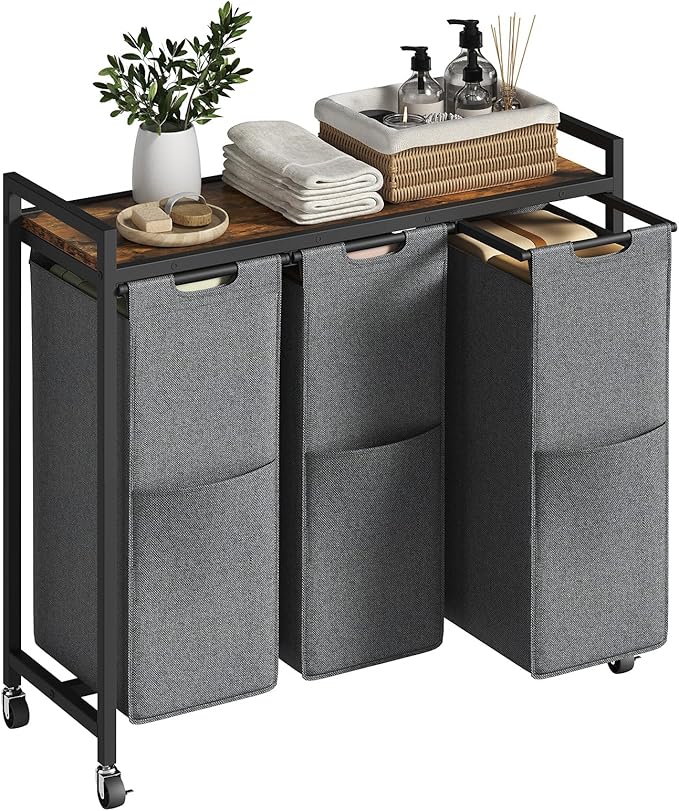 HOOBRO Laundry Sorter 3 Section, Laundry Hamper with Wheels, 3 × 11.5 Gal (43.4L), Rolling Laundry Basket, Pull-Out and Removable Oxford Fabric Laundry Bags, Rustic Brown and Grey BFG76XY01-Ruum Studio Home