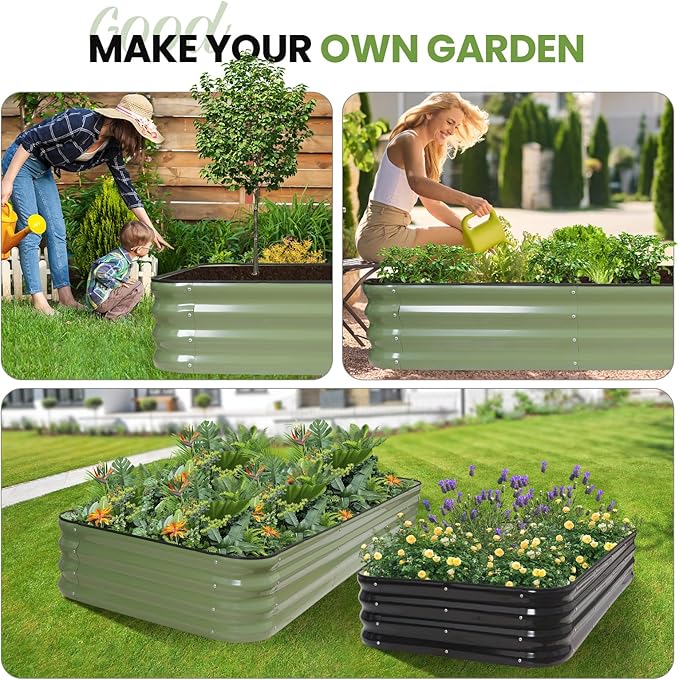 5-in-1 Adjustable Raised Garden Bed Kit | Galvanized Planter Boxes for Vegetables, Flowers | 12" Tall, Multiple Sizes (8x3x1ft, 9x2x1ft, 10x1x1ft, 6x5x1ft, 7x4x1ft) | Outdoor Metal Raised Bed, Green-Ruum Studio Home