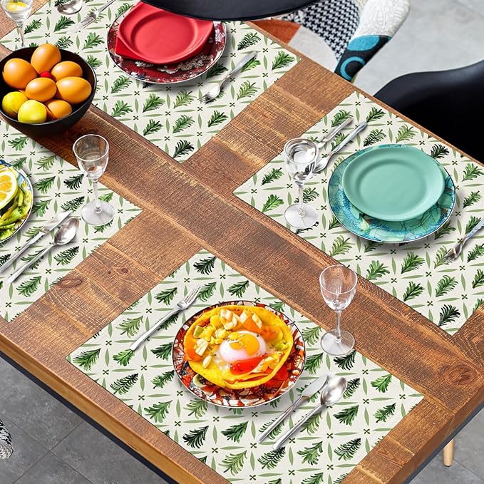 Sage Green Pine Tree Christmas Placemats Set of 4 Xmas Farmhouse Rustic Style Print Place Mat Seasonal Winter Holiday Linen Table Mats for Indoor Outdoor Kitchen Dining Party Decor-Ruum Studio Home