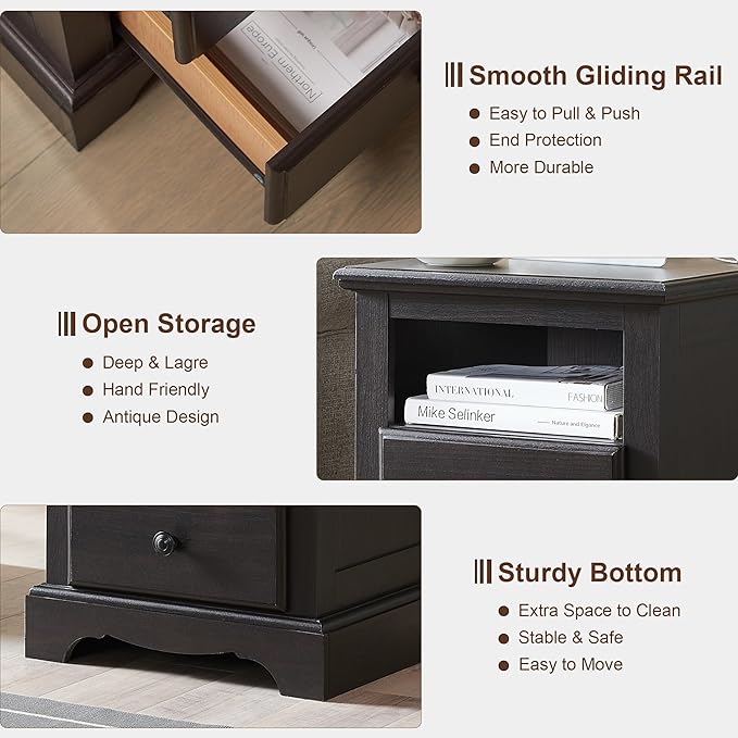 T4TREAM Nightstand with Charging Station, 18 Inch Vintage End Table with 2 Drawers for Living Room, Wood Rustic Sofa Side Table with Open Storage Shelf for Bedroom, Espresso-Ruum Studio Home