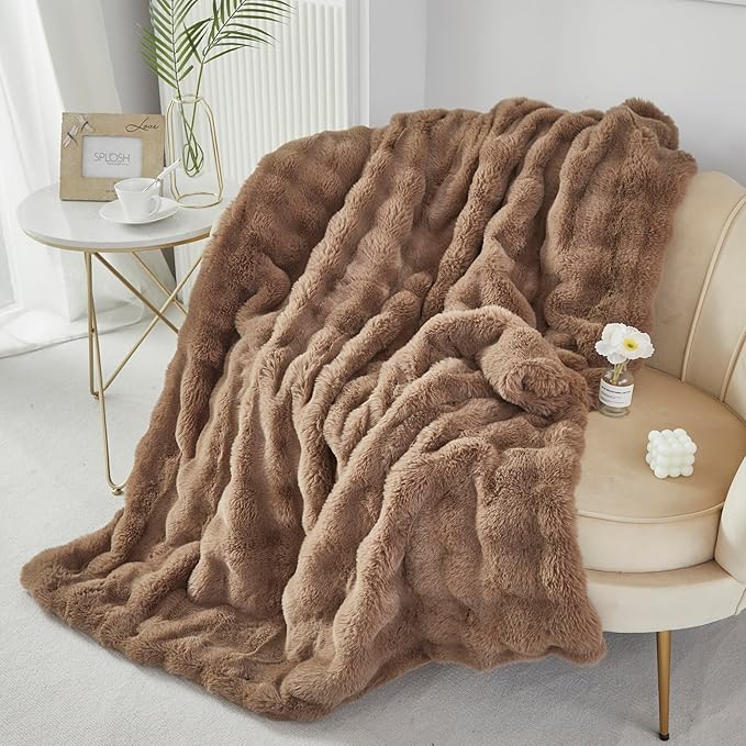 RYNGHIPY Faux Rabbit Fur Throw Blanket Ruched Plush Fuzzy Blanket for Couch Bed Sofa Heavy Warm Comfy Throws for Living Room Bedroom Machine Washable (Solid Brown, 51''x63'')-Ruum Studio Home