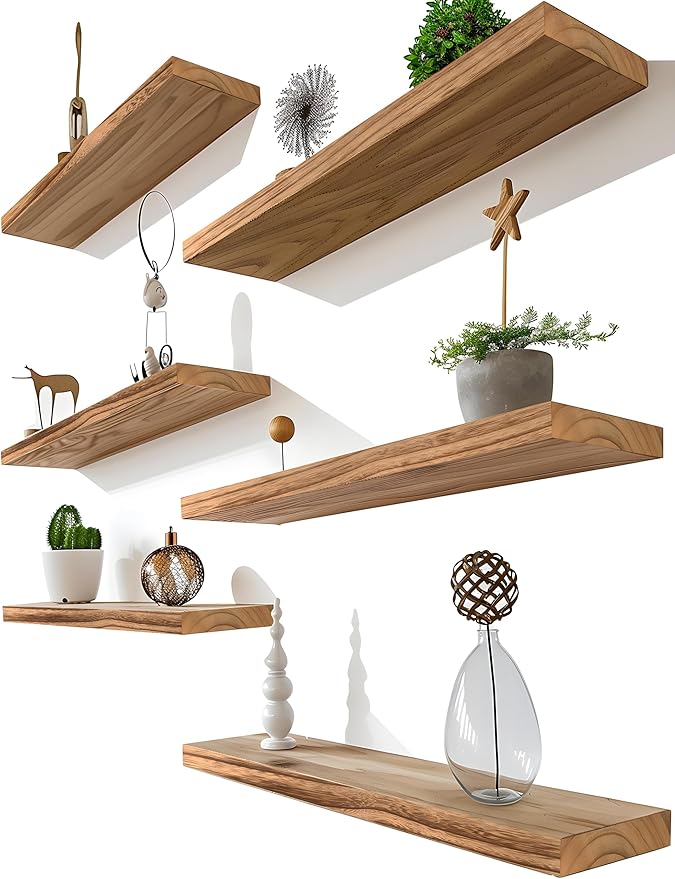 Light Wood Floating Shelves for Wall Rustic Wall Shelves for Bedroom Set of 6-Ruum Studio Home