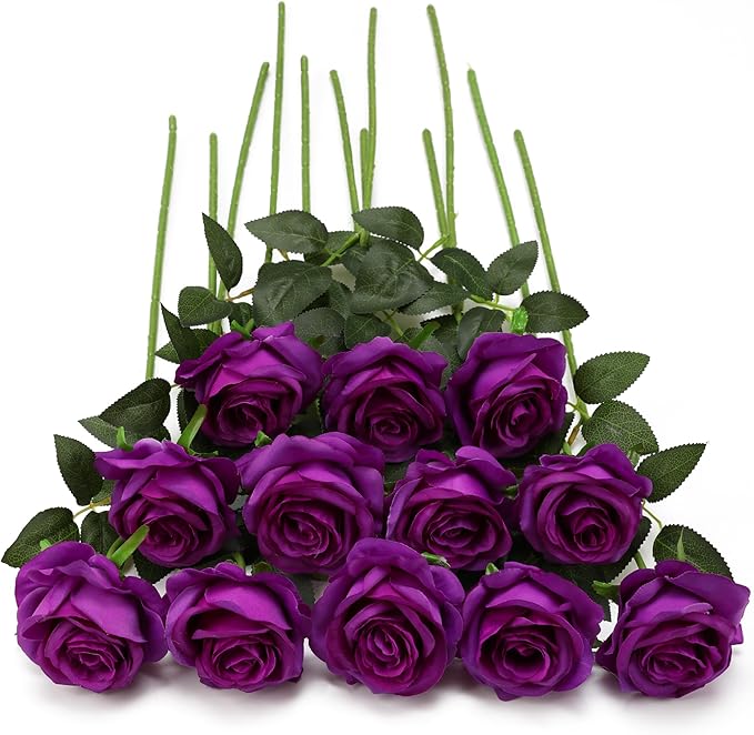 Purple Fake Roses Artificial Flowers - 10 Pcs Fake Artificial Roses Silk Flowers with Stems for Home Wedding Hotel Office Centerpiece Decor-Ruum Studio Home