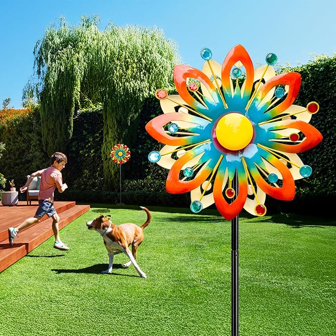 Soalr Wind Spinners -60.63 Inch Outdoor Metal Stake Yard Wind Sculptures, Solar Powered Multi-Color LED Glass Ball with Kinetic Wind Spinner Windmills for Outdoor Lawn & Garden Decoration-Ruum Studio Home