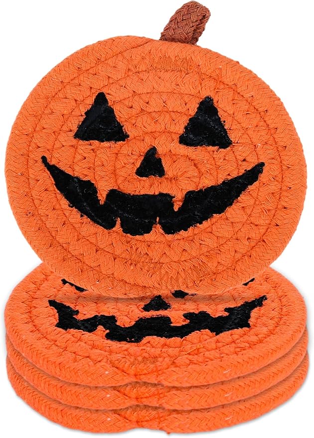Whaline 4Pcs Halloween Pumpkin Handmade Braided Cotton Coasters Orange Black Pumpkin Shape Drink Coasters Absorbent Cup Coasters for Home Office Party Decor, 4.7 Inch-Ruum Studio Home