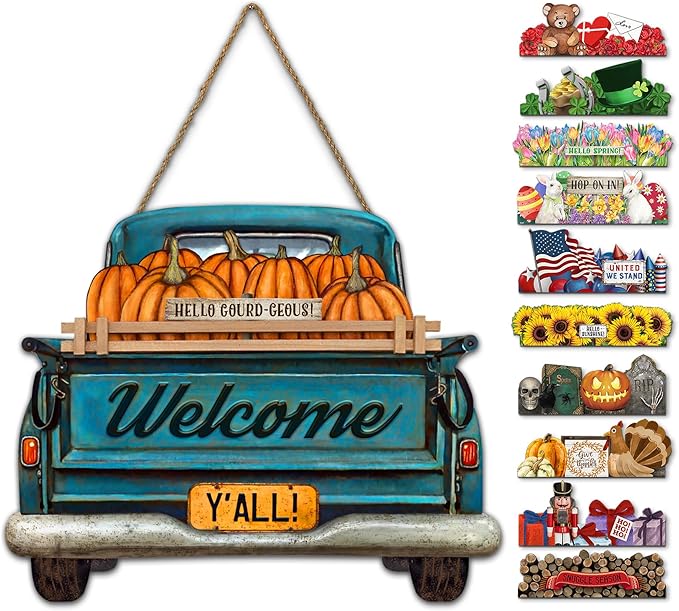 Interchangeable Welcome Sign for Front Door Blue Farmhouse Truck Decor Hanging Sign with 11 Interchangeable Seasonal and Holiday Decor Signs 12x14 in. (Blue Farmhouse Truck)-Ruum Studio Home