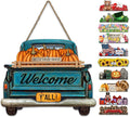 Interchangeable Welcome Sign for Front Door Blue Farmhouse Truck Decor Hanging Sign with 11 Interchangeable Seasonal and Holiday Decor Signs 12x14 in. (Blue Farmhouse Truck)-Ruum Studio Home