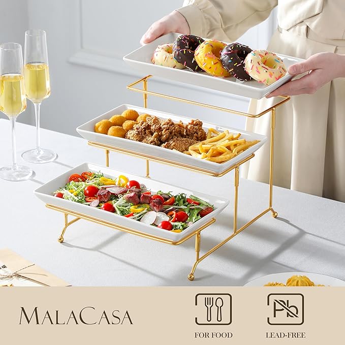 MALACASA 3 Tier Serving Trays for Party, 12 Inch Porcelain White Trays for Serving Food, Dessert Stand with Collapsible Gold Metal Rack-Ruum Studio Home