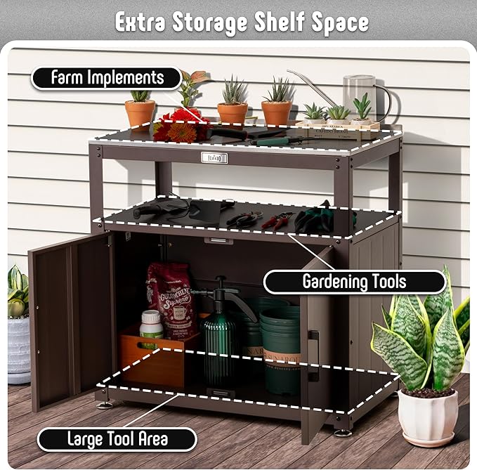 Garden Potting Bench with Storage Cabinet,Outdoor Gardening Table & Work Bench for Plants, Horticulture,Outdoor Workstation with Stainless Steel Tabletop,Outdoor Work Table-Ruum Studio Home