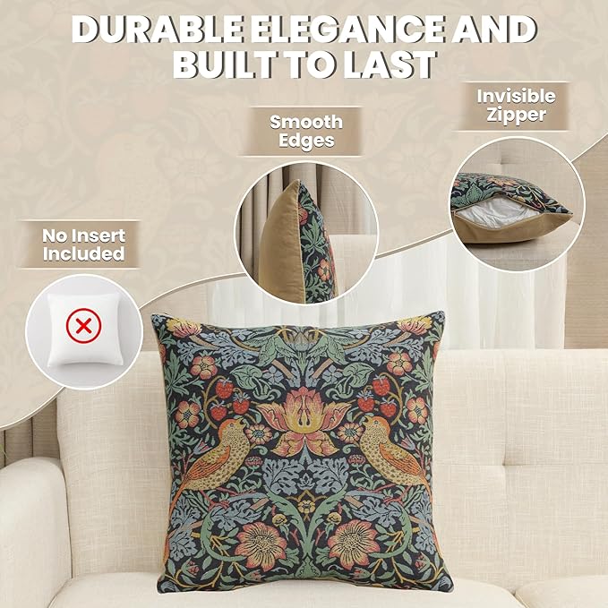 Charlotte Home Furnishings Throw Pillow Covers, Decorative Boho Pillow Covers for Couch, Living Room, Blue Strawberry Square Cushion Cases 18x18 in, European Cotton Jacquard Woven, Cozy Bedroom Decor-Ruum Studio Home