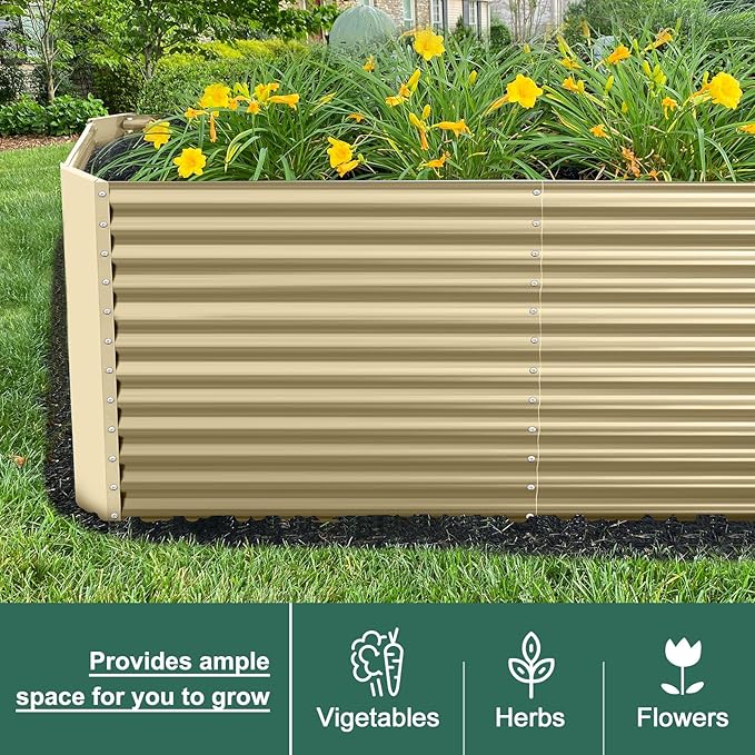 Land Guard 8x4x3ft Rectangular Galvanized Raised Garden Beds, Large-Capacity Metal Planter Box Outdoor, Durable Deep Raised Garden Bed 3ft Tall, Raised Beds for Gardening Vegetables, Cream Yellow-Ruum Studio Home