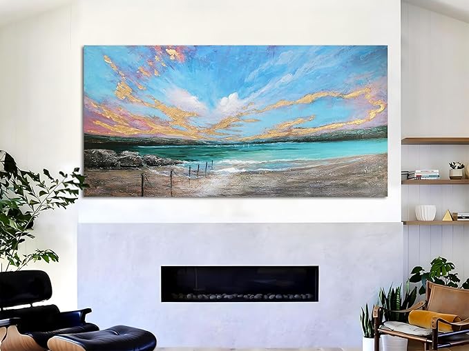 Arjun Ocean Teal Wall Art Canvas Coastal Beach Painting Blue Turquoise Landscape Sunset Picture, Panoramic Gold Foil Textured Large Artwork Framed for Living Room Bedroom Bathroom Wall Decor 40"x20"-Ruum Studio Home