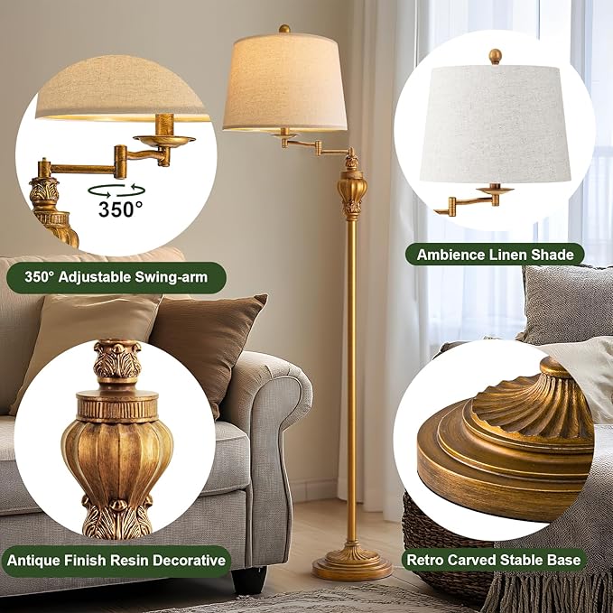 61" Vintage Floor Lamp with 350° Adjustable Swing Arm, Gold Standing Lamp for Bedroom Living Room Nightstand Bedside Retro Farmhouse Mid Century Lamp Light Home Décor Office Gifts-Ruum Studio Home