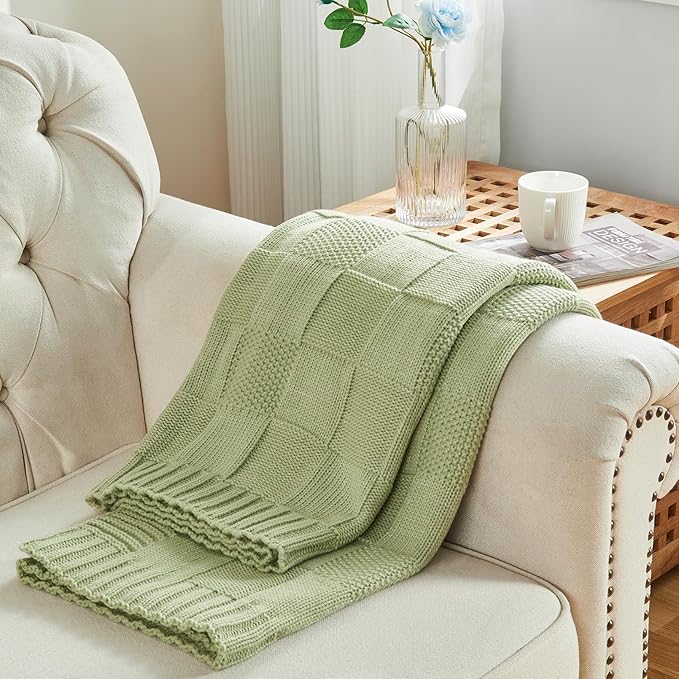 CozeCube Check Knit Throw Blanket, Sage Green Checkered Throw for Couch, Decorative Christmas Soft Cozy Warm Knitted Blanket for Bed Sofa Living Room, 60"X80"-Ruum Studio Home