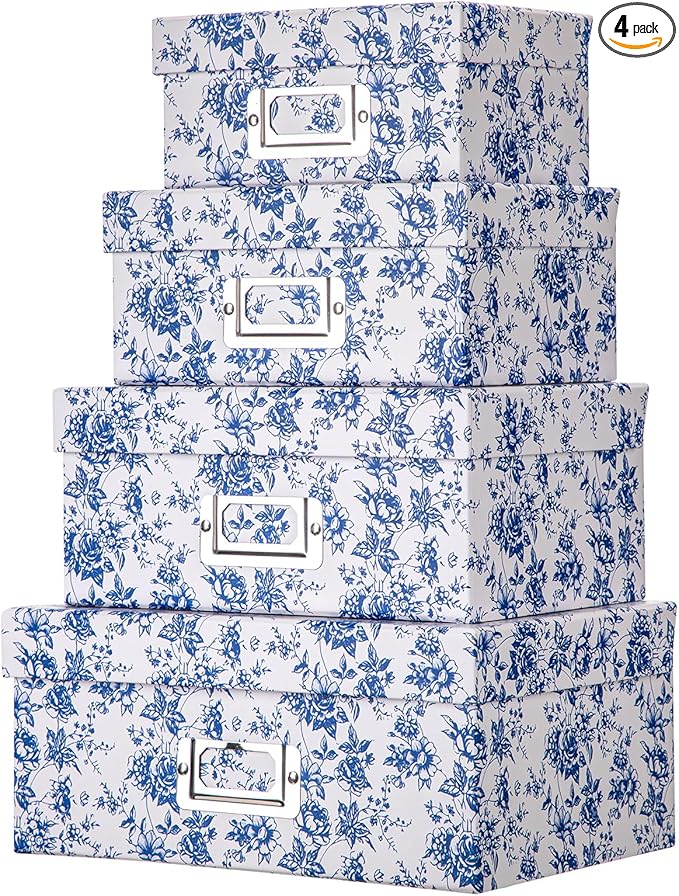 Briful Blue and white Porcelain Storage Boxes, Photos Storage Boxes with Lids 4 in 1 Set Water-proof Gift Boxes Sets Decorative Multiple Size Storage Bins for Clothes/Shoes/Office/Cosmetic/Books-Ruum Studio Home