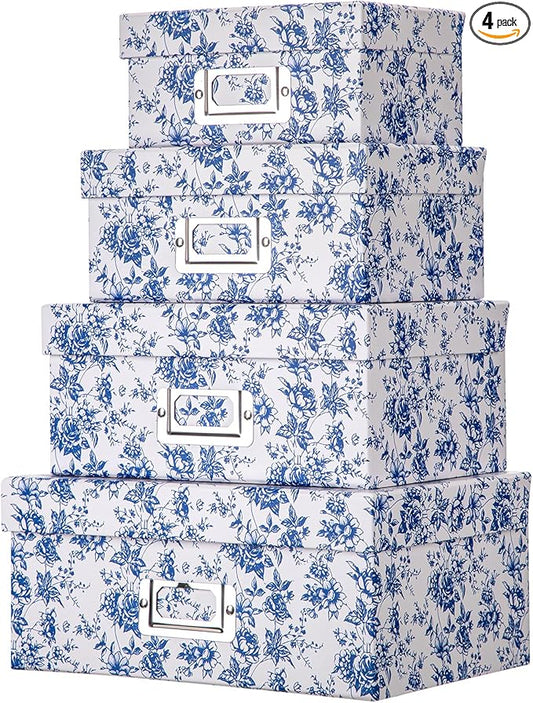 Briful Blue and white Porcelain Storage Boxes, Photos Storage Boxes with Lids 4 in 1 Set Water-proof Gift Boxes Sets Decorative Multiple Size Storage Bins for Clothes/Shoes/Office/Cosmetic/Books-Ruum Studio Home
